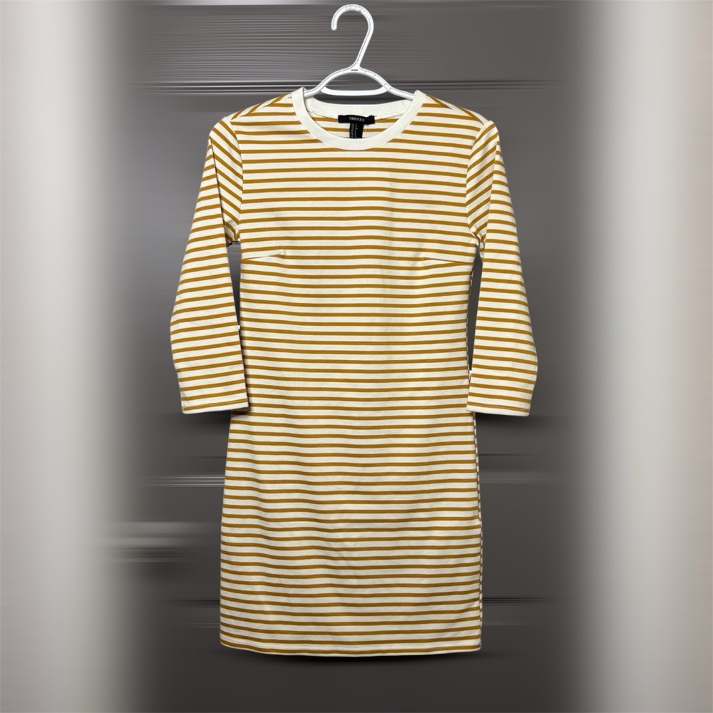 Forever 21 New Long Sleeve Striped Dress Mustard White Size S